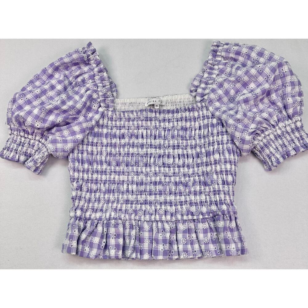 NWOT English Factory Smocked Gingham Puff Sleeve Blouse Square Neck Lavender XS - Picture 5 of 9